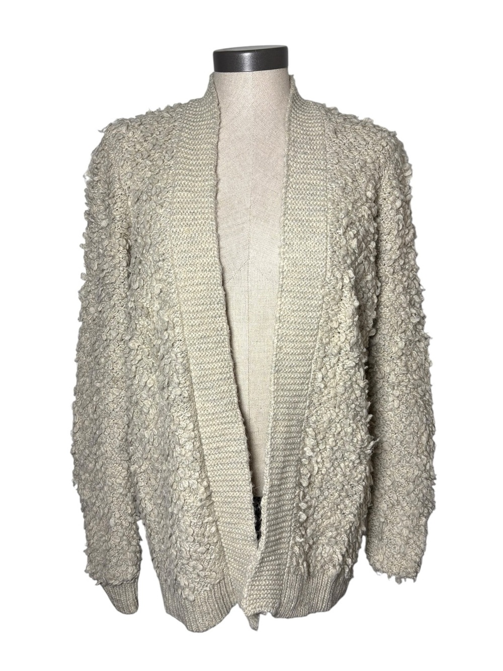 Aerie Medium Cream Textured Boucle Wool Blend Open Front Cardigan
